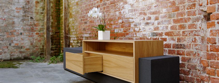 Sideboard Beton anthrazit mit Holz Aufbewahrung Schub