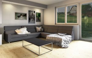 Wohnzimmer Couchtisch mit dünner Betonplatte auf Metallgestell