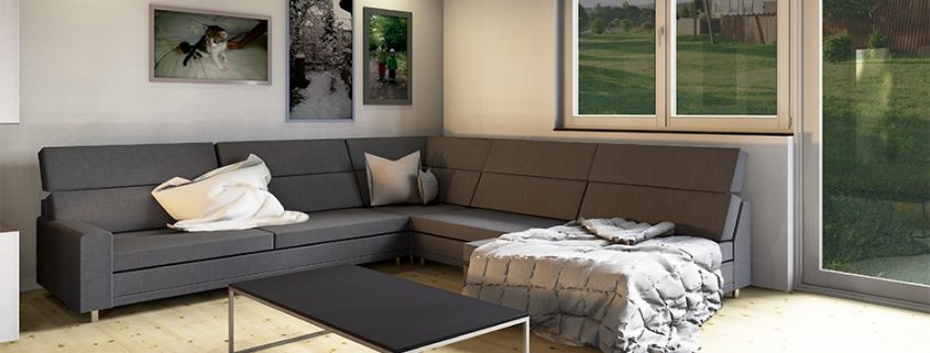 Wohnzimmer Couchtisch mit dünner Betonplatte auf Metallgestell