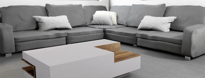 Wohnzimmertisch aus Beton mit Einsätzen aus Holz